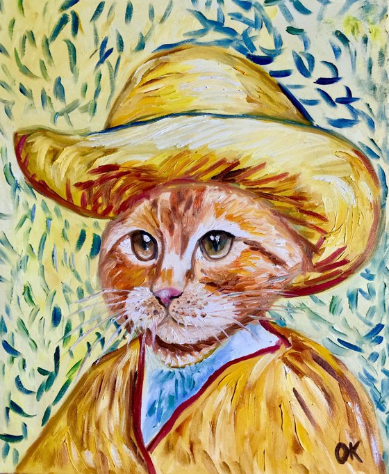 Marmalade Cat La Van Gogh in a straw  hat FELINE ART FOR CAT LOVERS GIFT IDEA