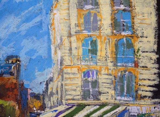 Notre Dame before the fire. View of cafe Esmeralda and cathedral from the bridge. Small oil pastel drawing bright colors paris