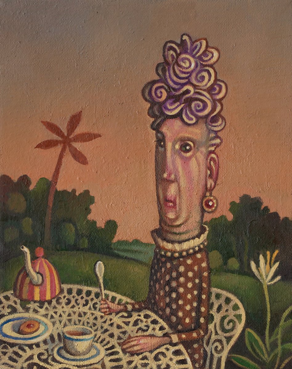 Naive Portrait Oil Painting By Rory Mitchell, 8 X 10", Cup Of Tea, My Love Is Dead, Original Artwork