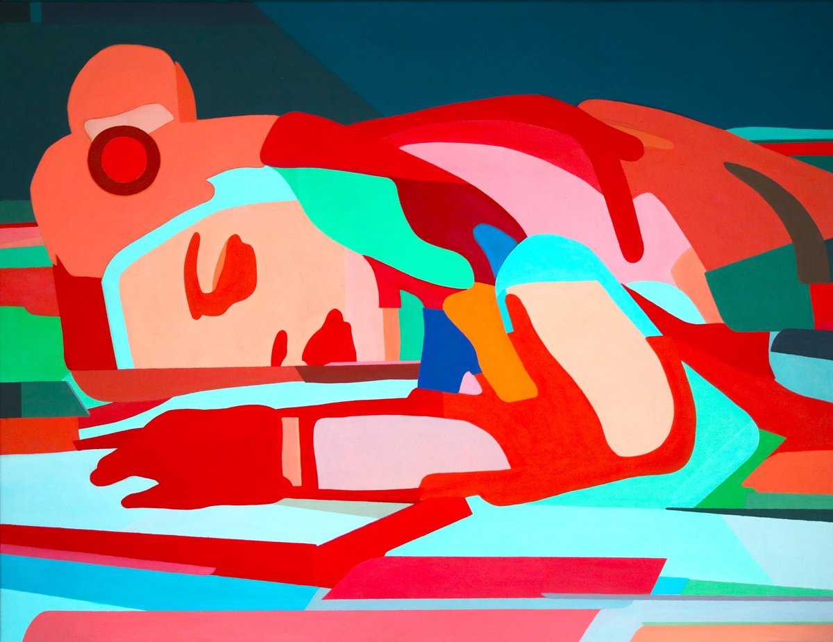 Naive Portrait Acrylic Painting By Vast Swamp, 26 X 20", Sleeping Woman, Original Artwork