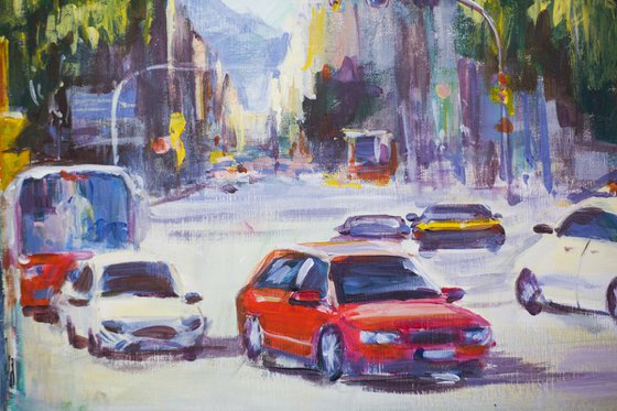 Trafic in Barcelona. Original acrylic painting from Spain, medium size, shadow and light in the city