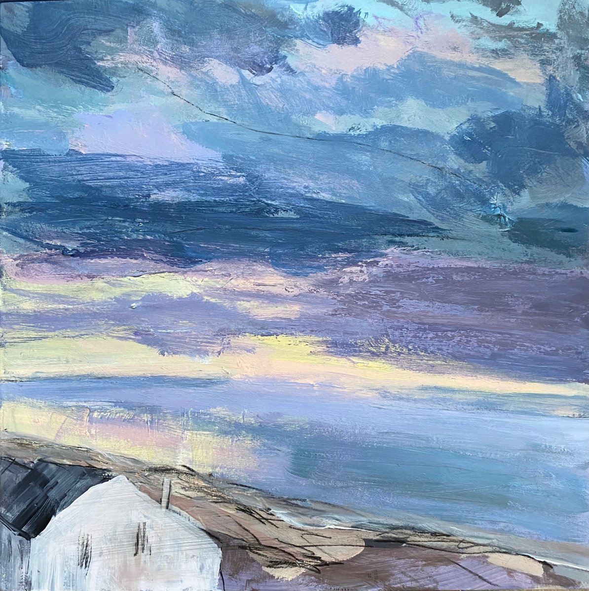 Expressive Landscape Acrylic Painting By Nikki Wheeler, 14 X 14", Sunset Cottage, Original Artwork
