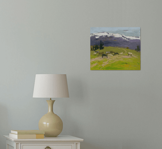 Cloudy day . Sheep in the mountains . Original oil painting