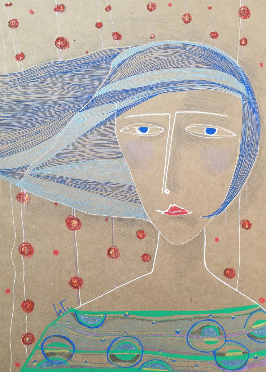 Naive Portrait Drawing By Irina Goleva, 12 X 16, New Day, Original Artwork