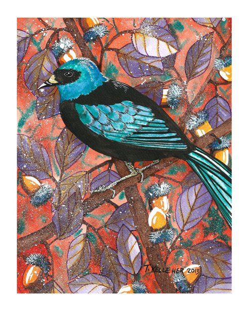 Black Bird with Aqua Wing by Terri Smith