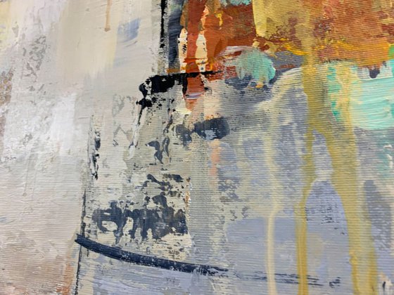 Most of All - Extra Large Oversize Abstract Painting 71" x 40" , Gray Yellow Gold Leaf Soft Colors White Gray Painting