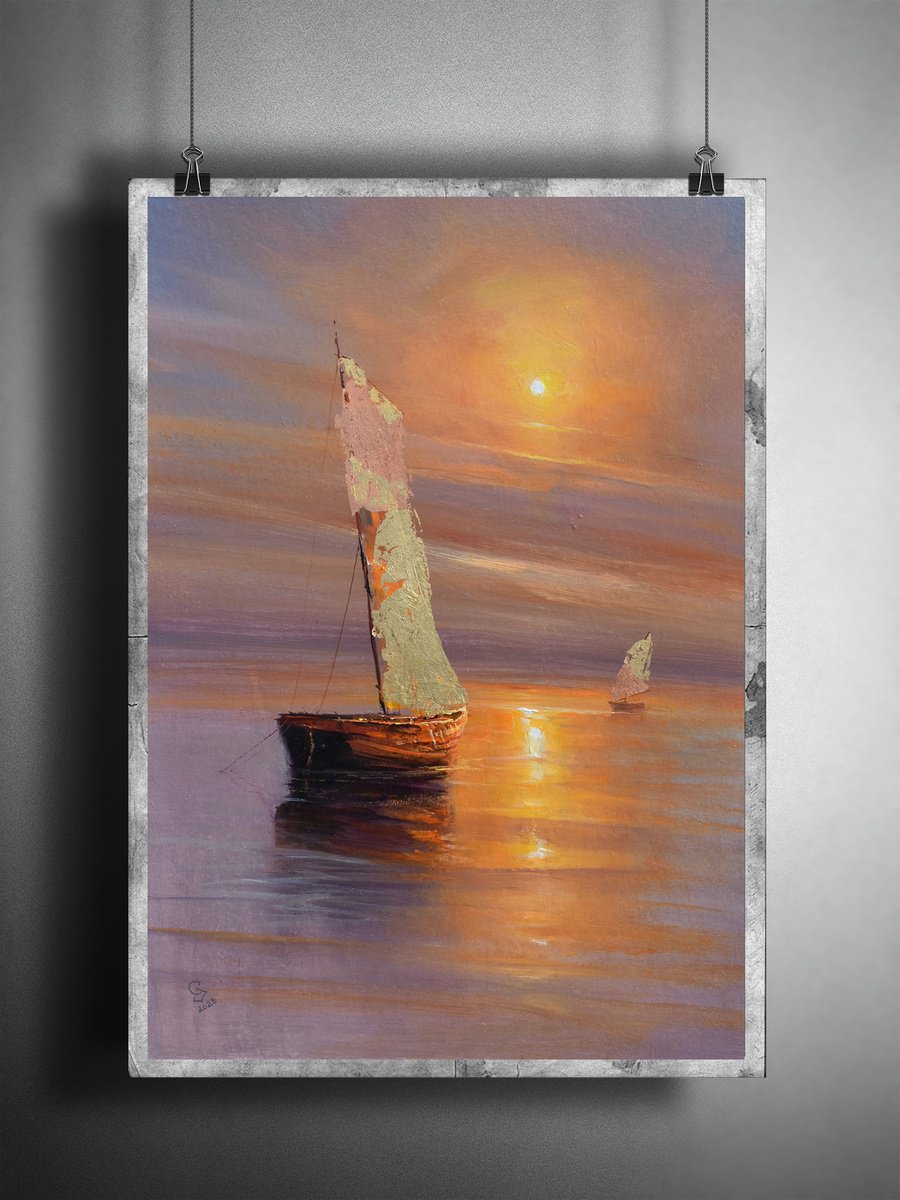 Abstract Landscape Acrylic Painting By Ivan Grozdanovski, 21 X 29, Golden Sails, Original Artwork