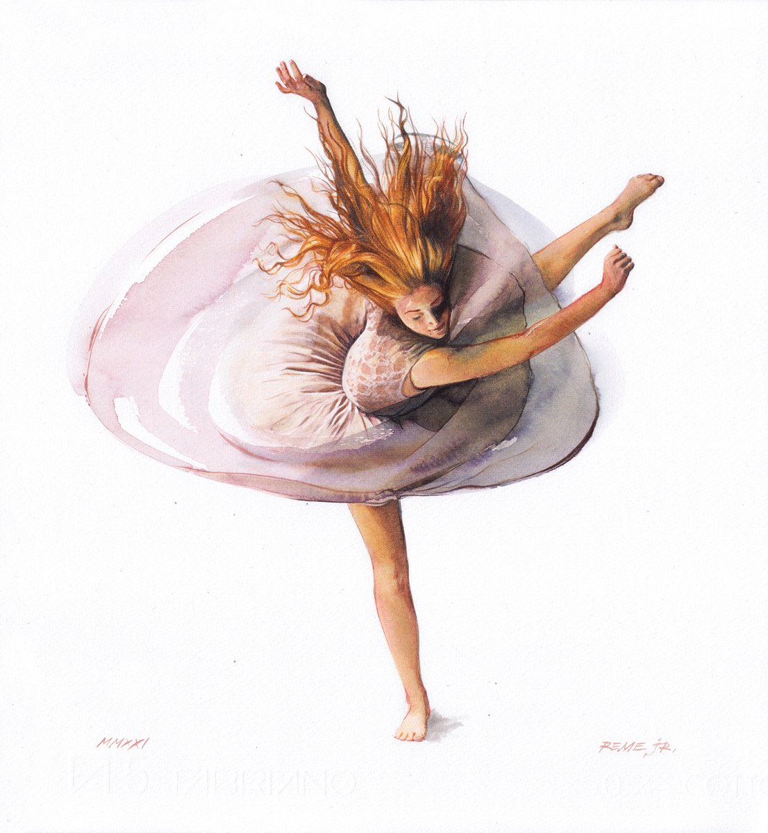 Photorealistic Portrait Watercolour By Reme Jr., 13 X 14", Ballet Dancer Cdli, Original Artwork