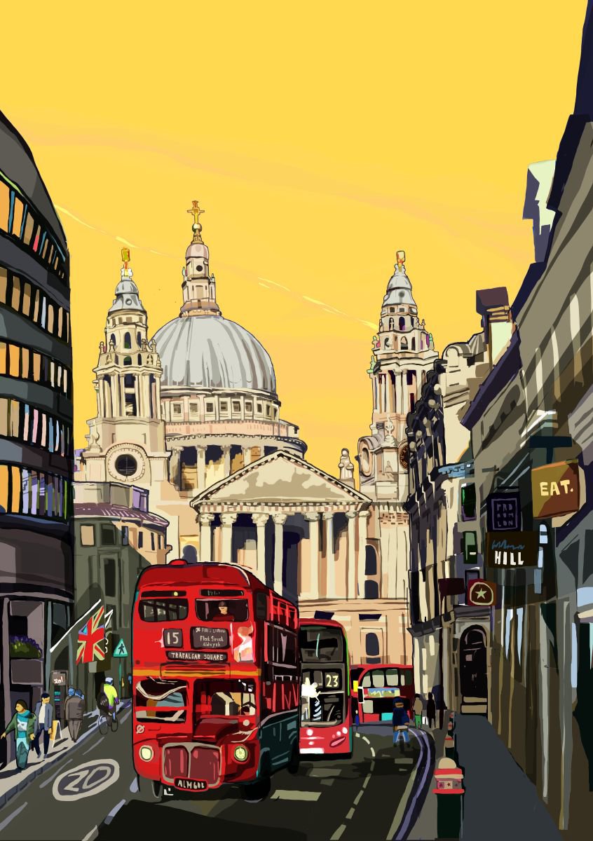 A3 St Paul’s Cathedral (Yellow), London Illustration Print by Tomartacus