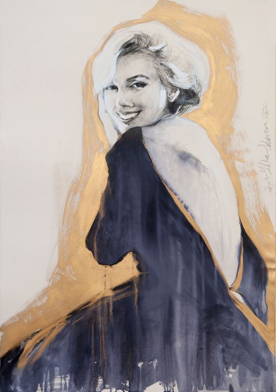 XXL drawing Golden Marilyn Monroe #3/Charcoal Modern Expressive Drawing Portrait /Celebrity/Portrait