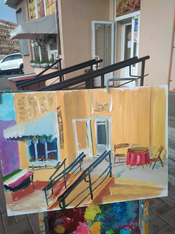 Small cafe in the yellow house. Plein Air Painting