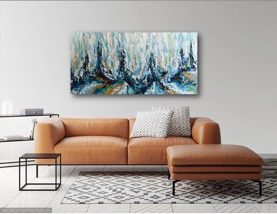 Early Spring III - Original Blue Brown Abstract Painting, Large Textured Modern Wall Art