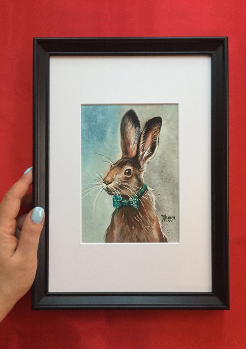 Hare in a bow tie. Mr rabbit. Christmas painting. by Natalia Veyner