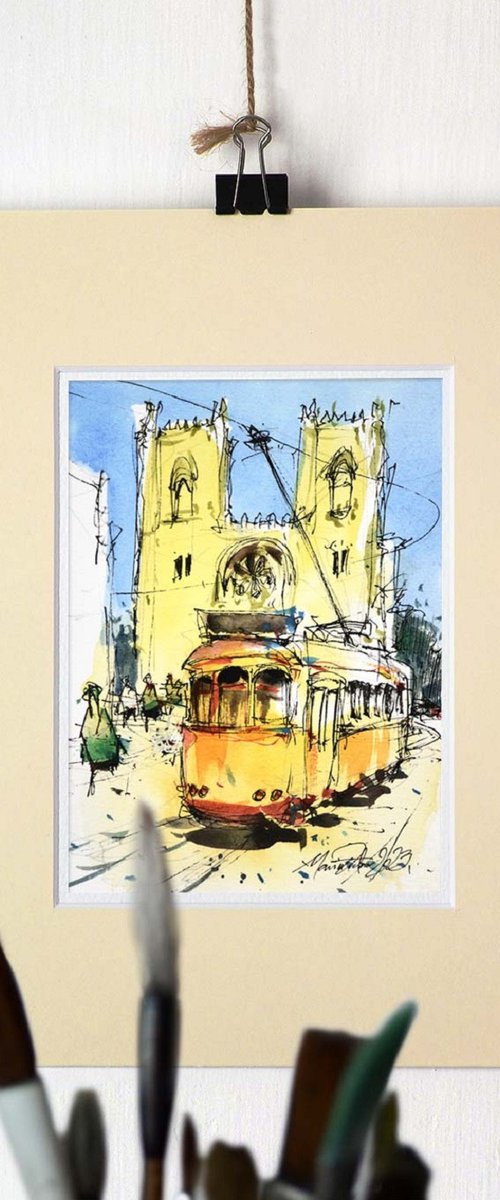 Lisbon, Yellow tram, ink and watercolor urban sketching on paper. by Marin Victor
