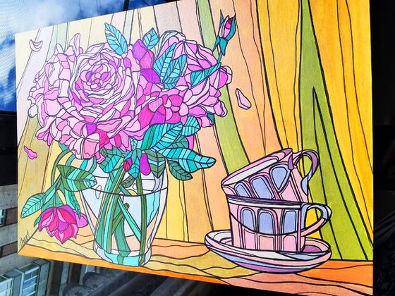 Pink roses in vase - colorful flowers in stained glass cubism style