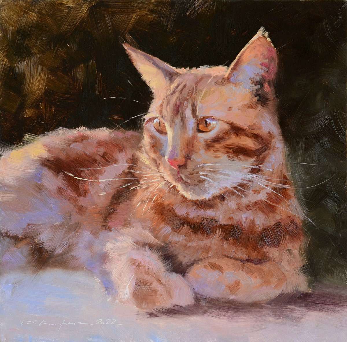 Impressionistic Animal Oil Painting By Ruslan Kiprych, 12 X 12", Cat, Original Artwork