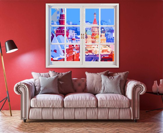 Window on Red Square Moscow Kremlin Russia, red colorful impressionistic landscape art. Large wall art home decor. Art Gift