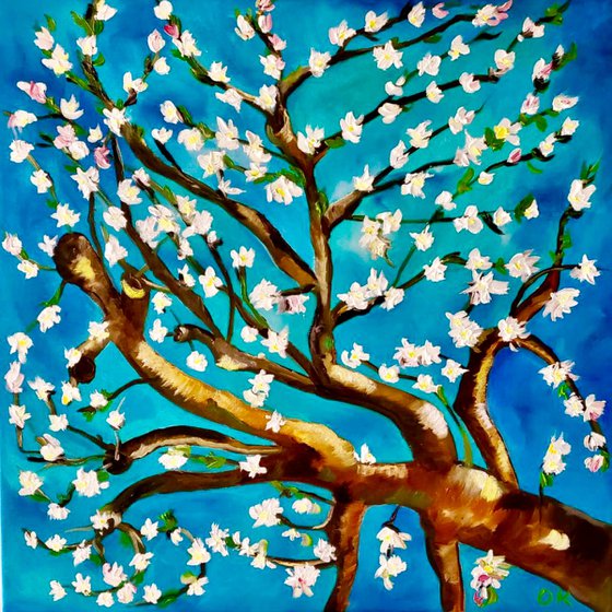 Almond blossom on turquoise inspired by Vincent Van Gogh oil painting ready to hang