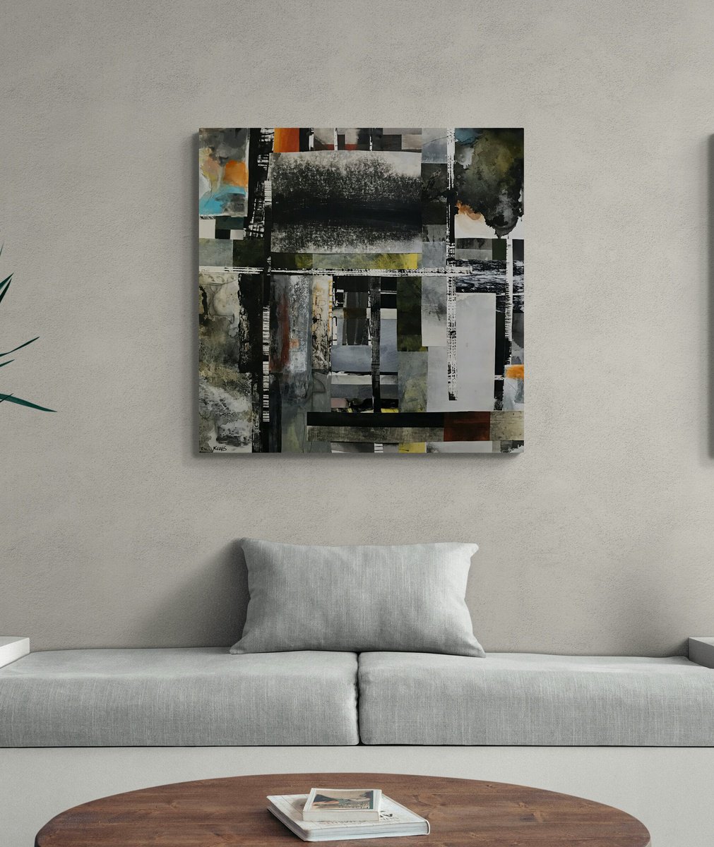 Abstract Painting By Kris Haas, 36 X 36", Resplendent Disjointed Reality Collage, Original Artwork