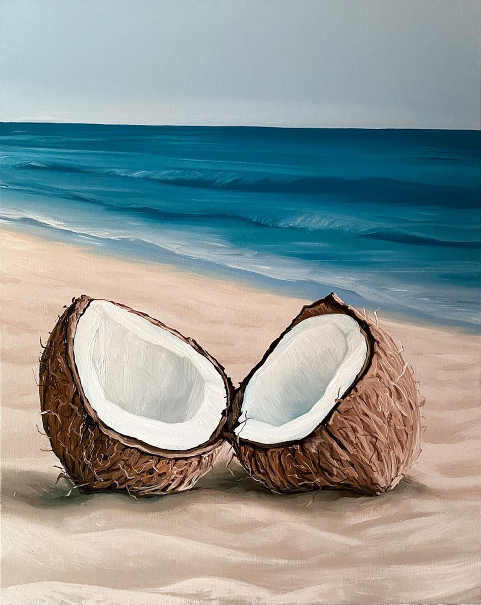 Photorealistic Still Life Oil Painting By Elena Adele Dmitrenko, 16 X 20, Coconut On The Beach 1, Original Artwork