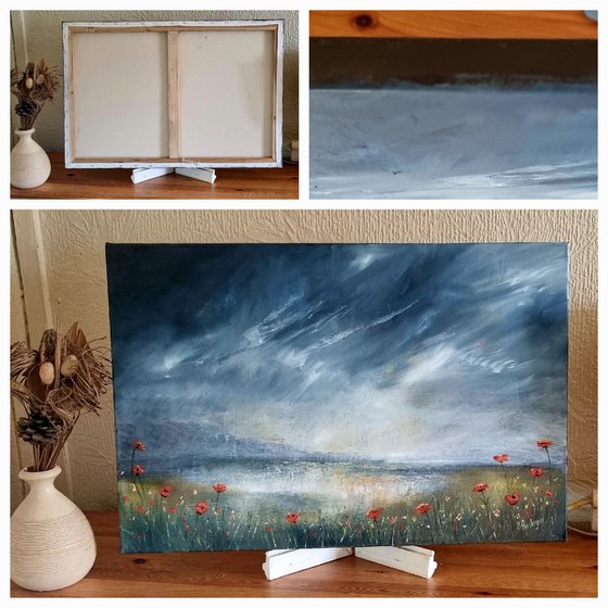 Poppies 30"x20"×2" Large Seascape Oil Painting