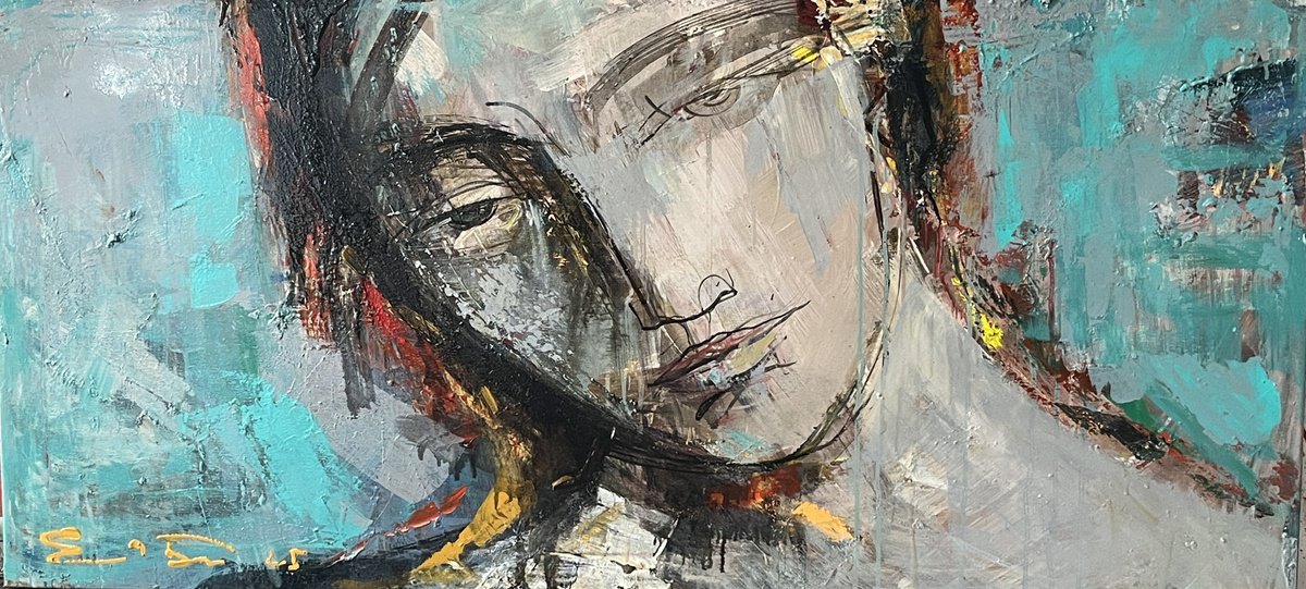Expressive Portrait Acrylic Painting By Eduard Belsky, 51 X 24, The Calm, Original Artwork