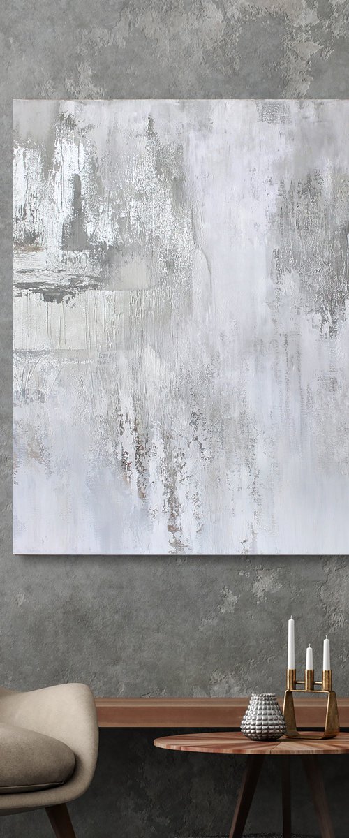 "Silver Cascade 6" Abstract white silver art by Yana Sagan