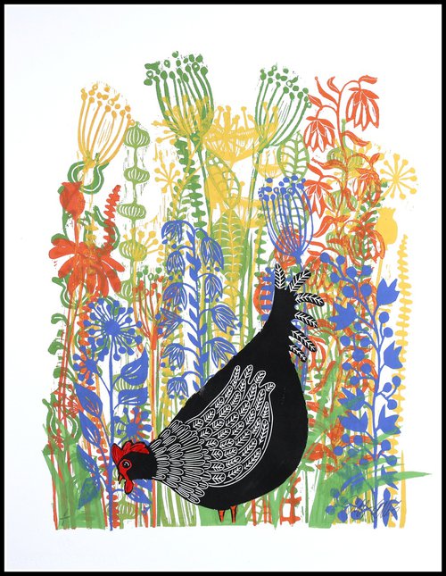 a Black hen in the Flowers by Mariann Johansen-Ellis