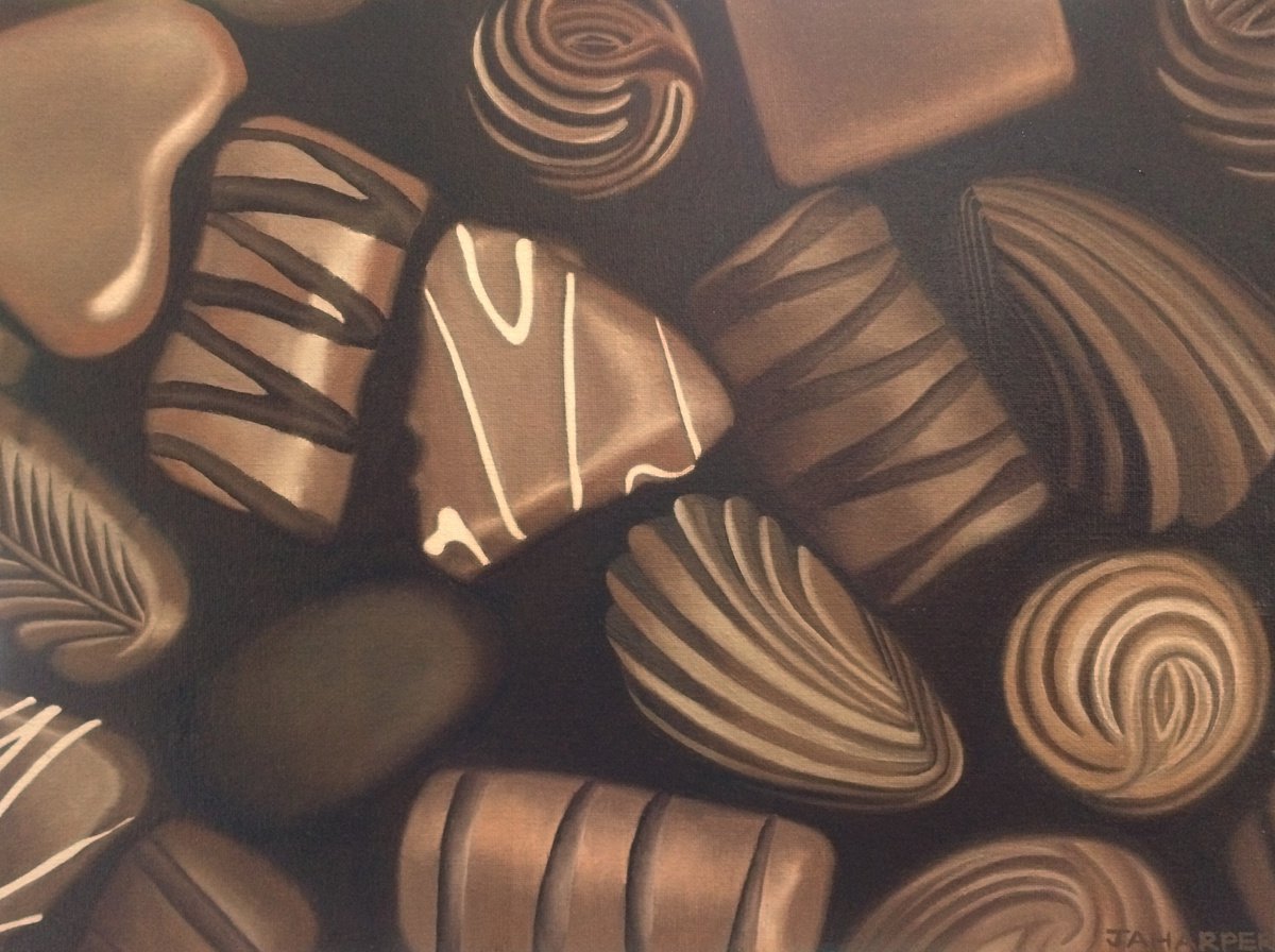 Photorealistic Still Life Oil Painting By Jill Ann Harper, 18 X 14, Chocolates, Original Artwork