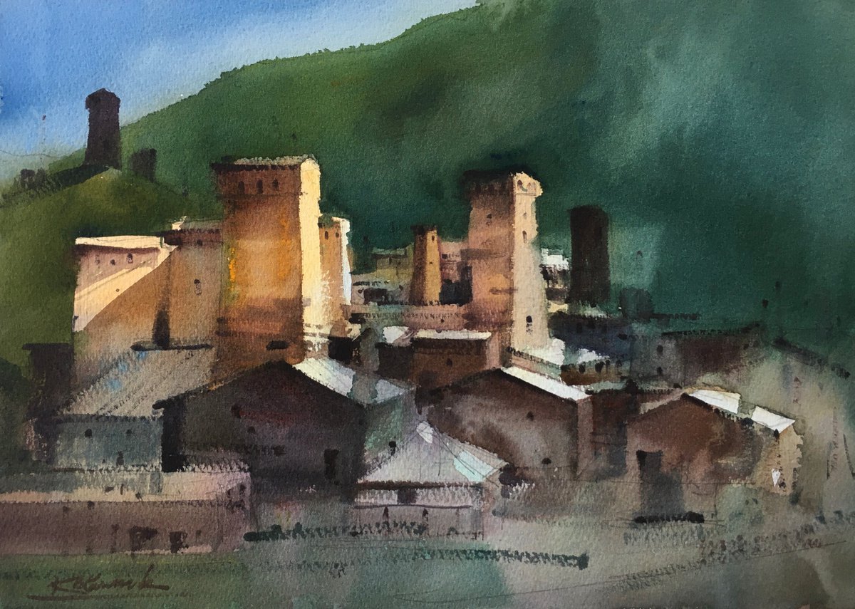 Impressionistic Landscape Watercolour By Andrii Kovalyk, 14 X 10, Towers In Ushguli, Original Artwork