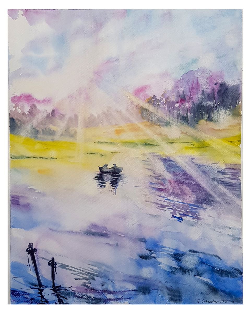 Impressionistic Landscape Watercolour By Yulia Schuster, 11 X 14", Serene Morning, Original Artwork
