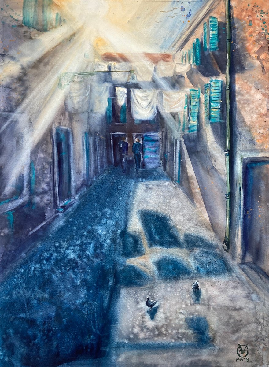 Impressionistic Cityscapes Watercolour By Valeria Golovenkina, 22 X 30", From The Laundry, Original Artwork