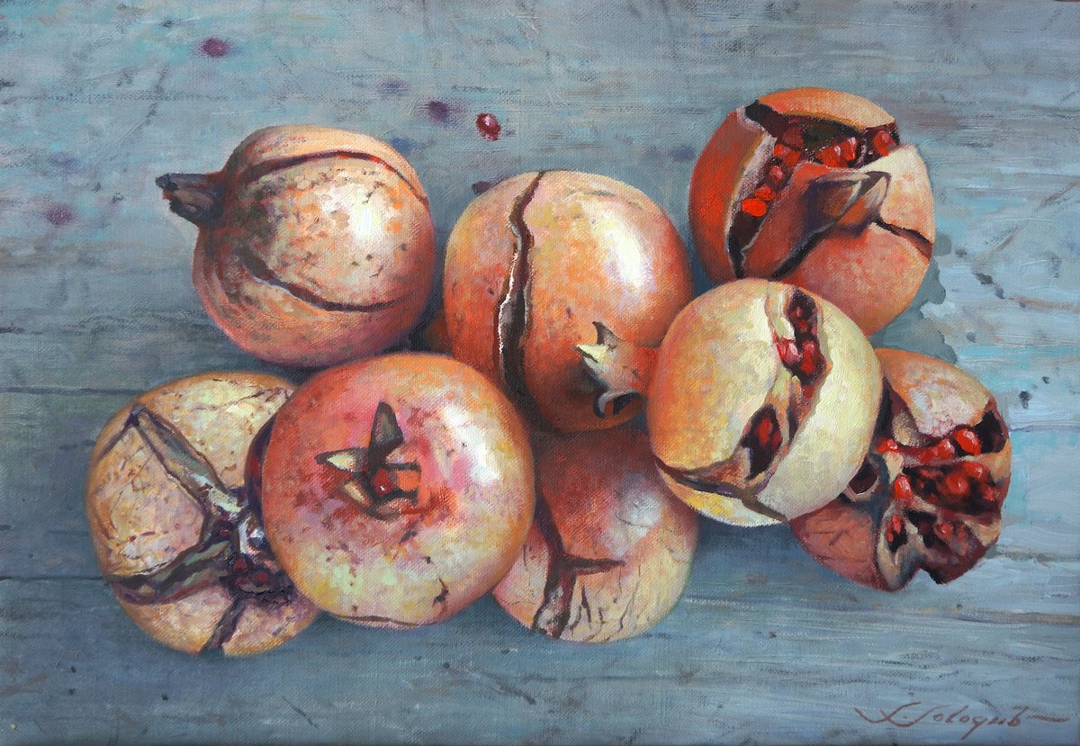 Photorealistic Still Life Oil Painting By Sergej Sologub, 22 X 15", Still Life With Pomegranates, Original Artwork
