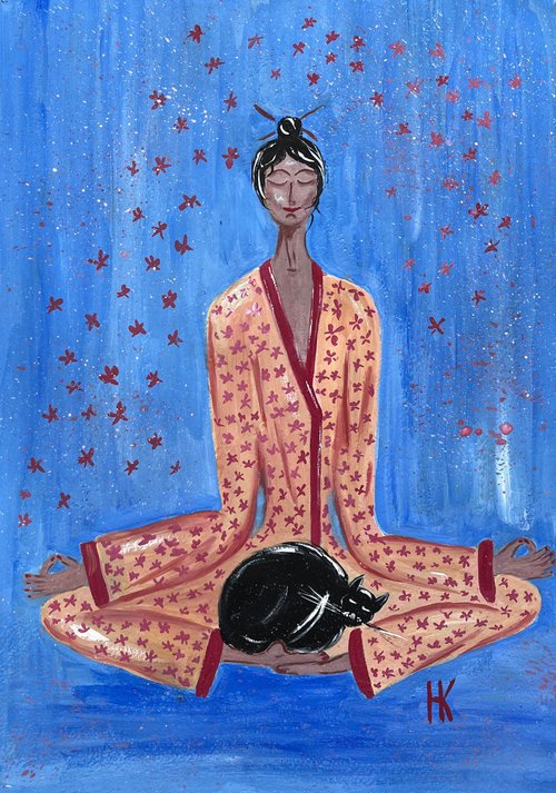 Woman & Cat Meditation by Halyna Kirichenko