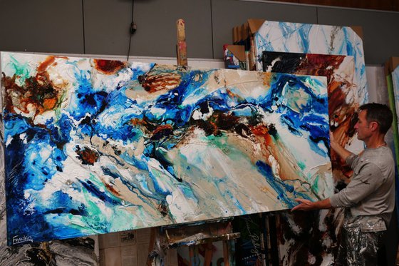 Natures Vice 240cm x 100cm Blue Cream Textured Abstract Art