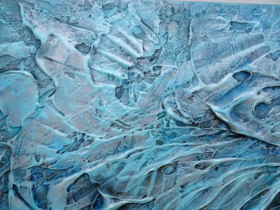 CORAL REEF II. Large Abstract Blue Teal Silver Gray Textured Painting 3D