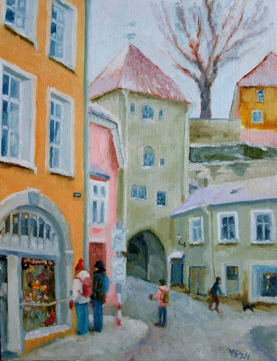 Impressionistic Cityscapes Oil Painting By Juri Semjonov, 12 X 16", Old Tallinn, Pikk Jalg Tower, Original Artwork