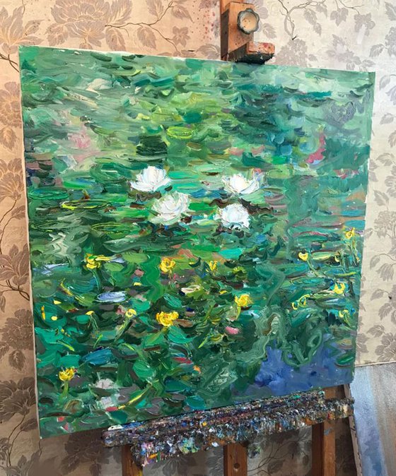 WATER LILY  - original oil landscape painting, summer, waterlily pond, green coloured