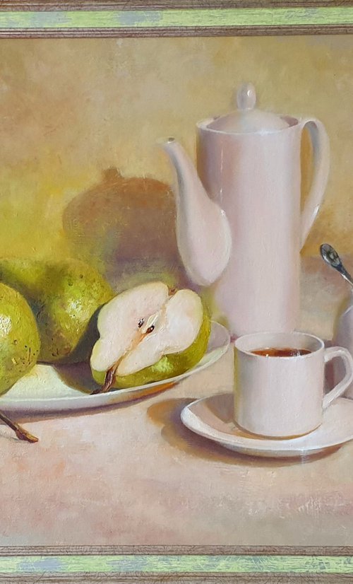 "Evening tea with pears. " still life teapot pear liGHt original painting  GIFT (2020) by Anna Bessonova (Kotelnik)