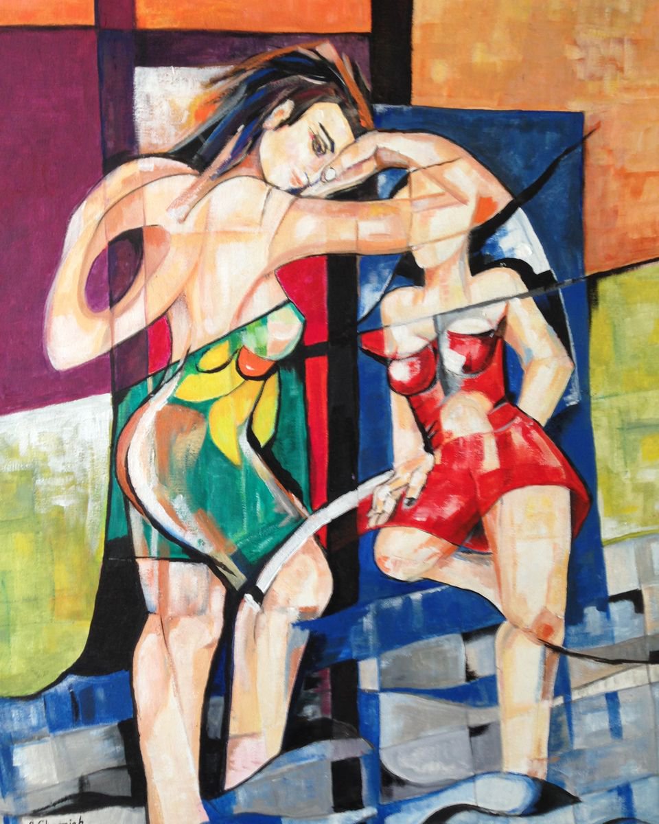 Abstract Portrait Acrylic Painting By Abdelrahman Shamieh, 20 X 23, Two Girls, Original Artwork