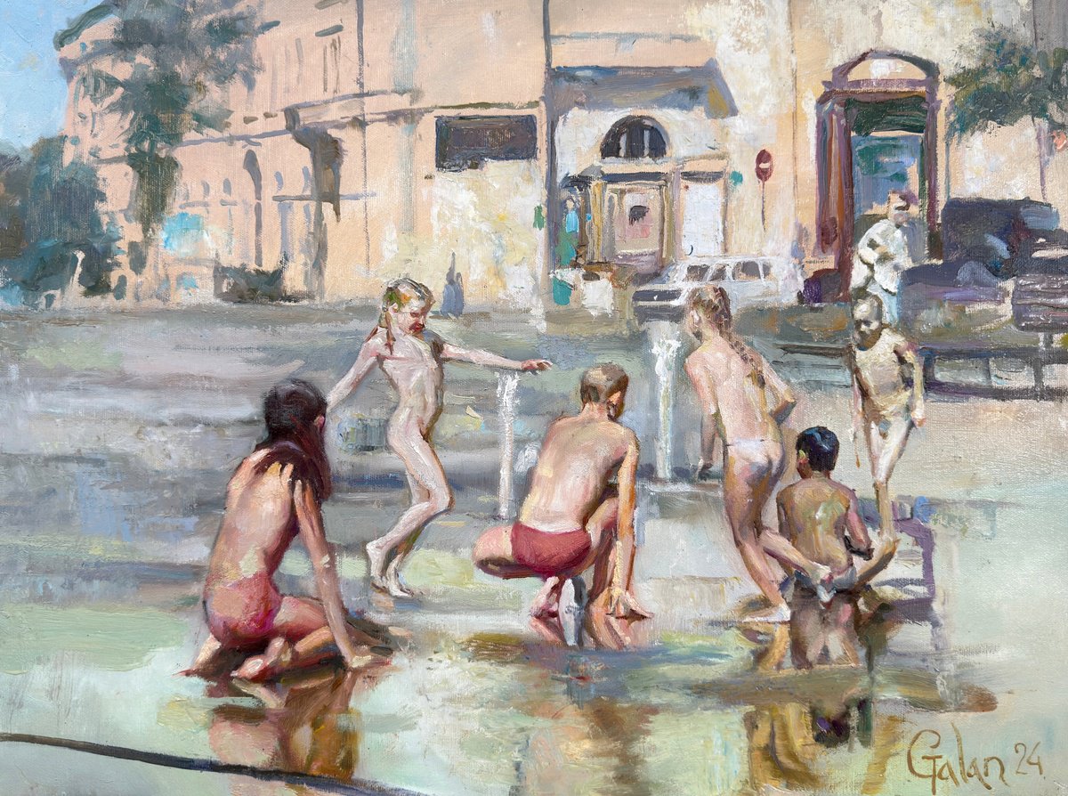 Impressionistic Portrait Oil Painting By Igor Galan, 24 X 19, Fountain - City Playground, Original Artwork