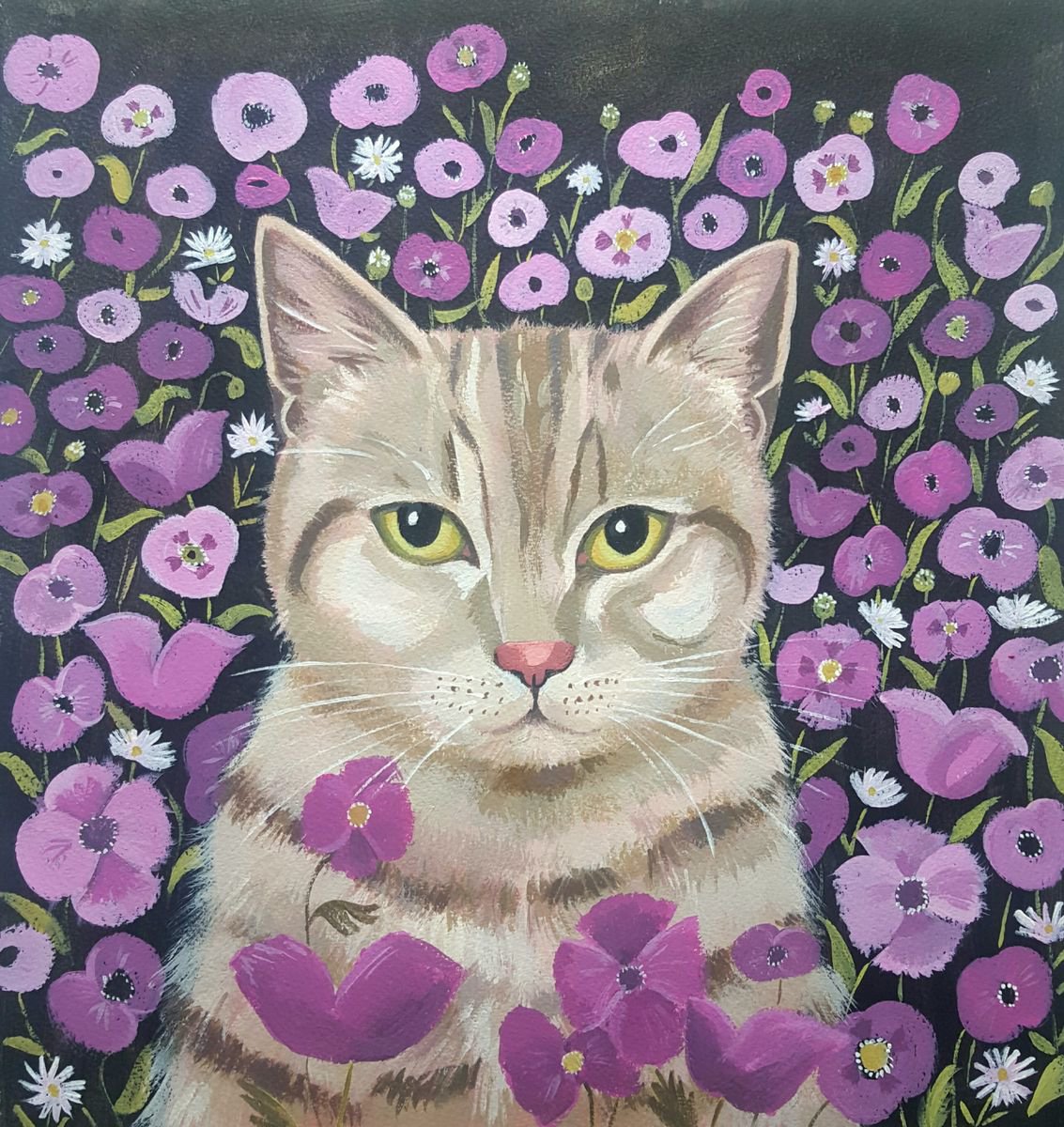Naive Animal Acrylic Painting By Mary Stubberfield, 15 X 15", Kitty With Poppies, Original Artwork