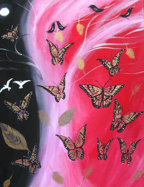 Butterflies on red by Mary Stubberfield