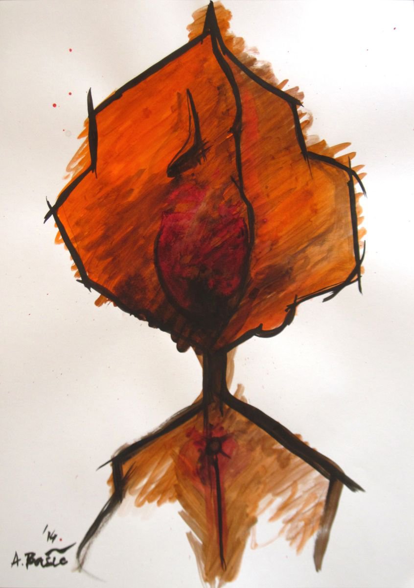 Geometric Abstract Ink Drawing By Aleksandar Basic, 17 X 24, Orange Obscured, Original Artwork