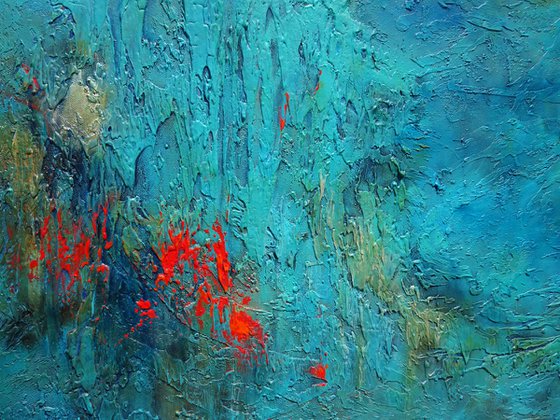 Blue Abstract Seascape Textured Painting Navy, Teal, Red, Silver, Gold. Modern Art with Heavy Texture. Abstract Landscape Contemporary Artwork for Livingroom or Bedroom