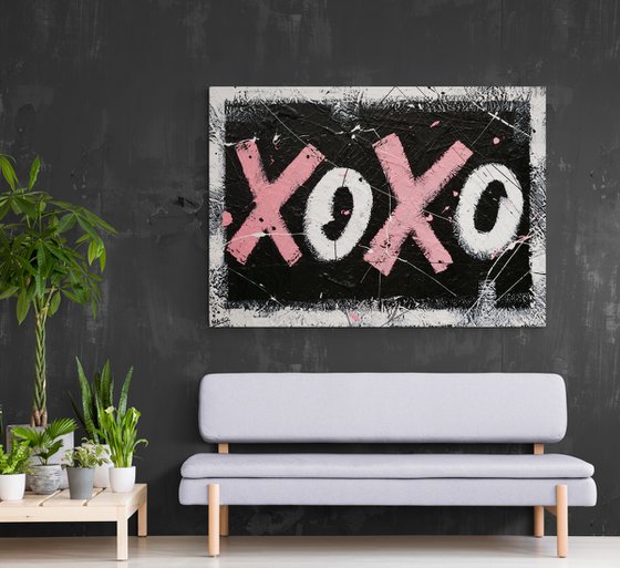 X's and O's 140cm x 100cm Black White Pink Textured Urban Pop Art