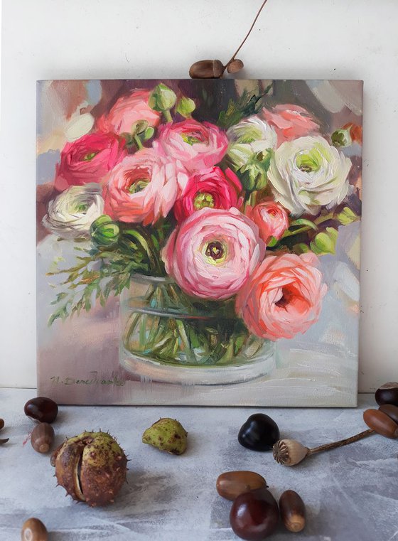 Ranunculus flowers oil painting on canvas, floral painting