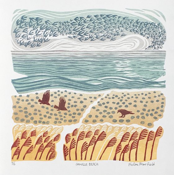 Shingle Beach. Original handmade linocut. Limited edition multi-block linoprint. Helen Maxfield.