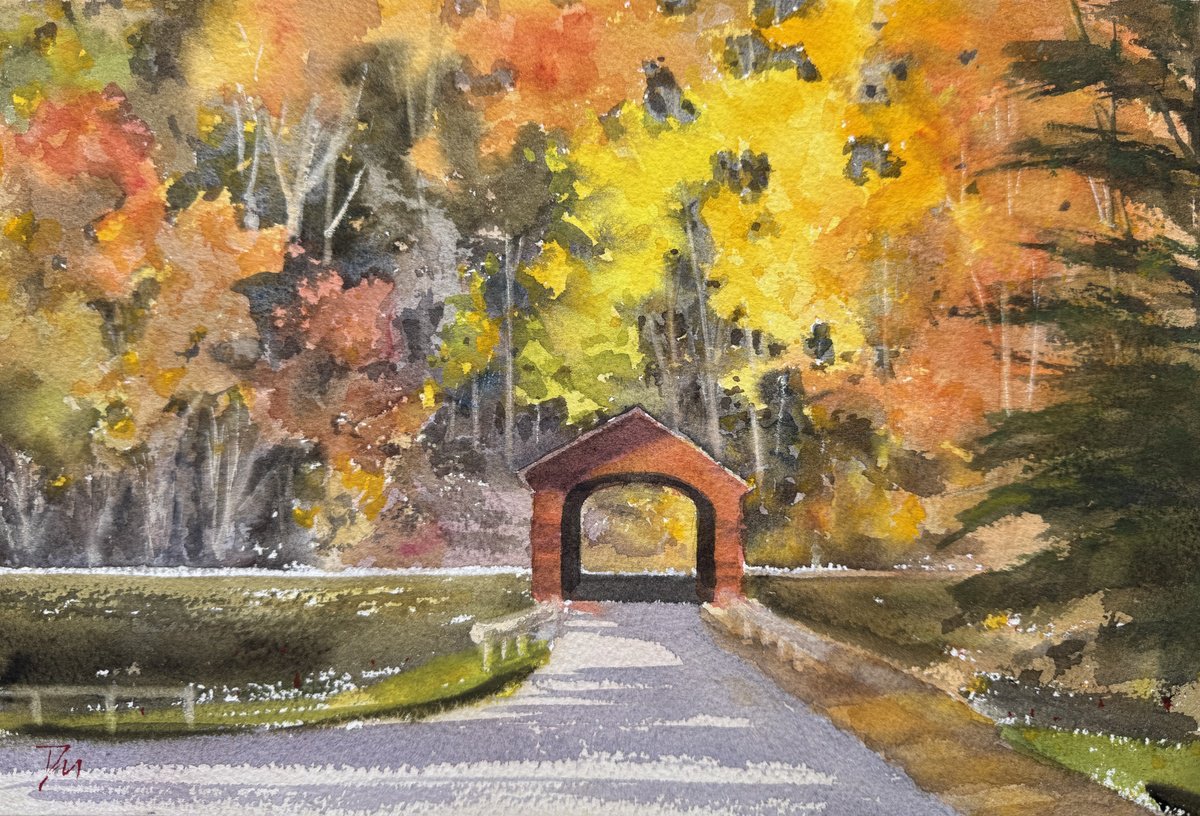 Impressionistic Landscape Watercolour By Shelly Du, 12 X 8", New England Covered Bridge, Original Artwork