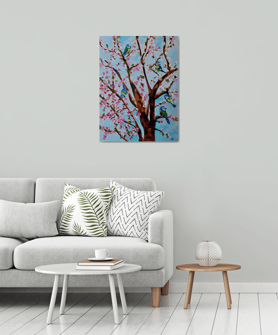 Apple tree in bloom with a flock of blue tits, spring in London, white, pink, turquoise 82 x 61 cm,  ready to hang oil painting